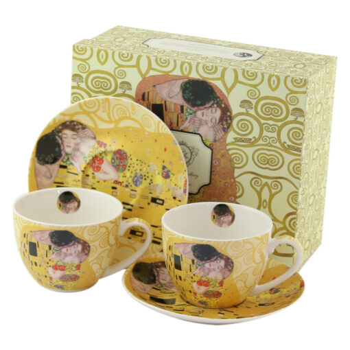 Set 2 cani cu farfurii din portelan 280 ml "The Kiss" de Gustav Klimt, Ecru, in cutie decorativa