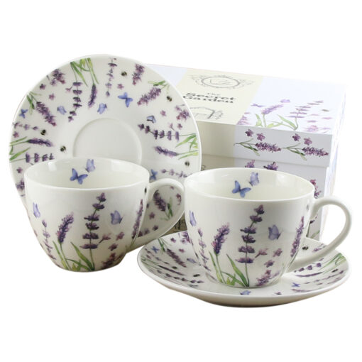 Set 2 cani cu farfurie din portelan 280 ml "Classic Lavender", in cutie decorativa