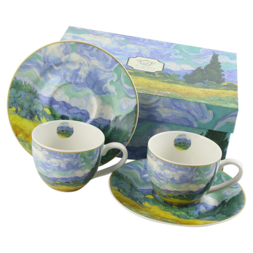 Set 2 cani cu farfurie din portelan 250 ml "Wheat Field" de V. van Gogh, in cutie decorativa