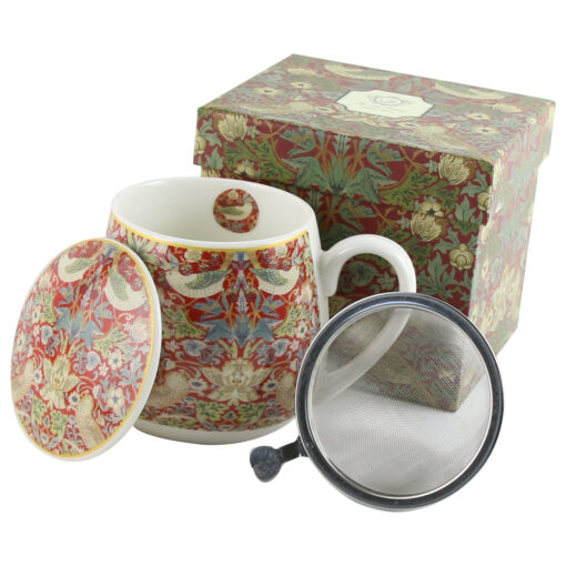 Cana portelan cu infuzor metalic si capac 430 ml, "Strawberry Thief Red" de William Morris in cutie decorativa