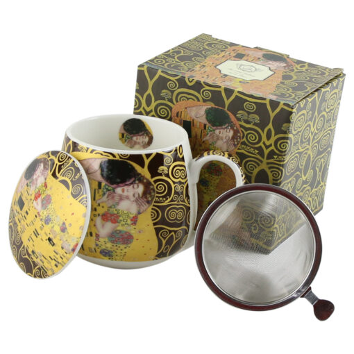 Cana portelan cu infuzor metalic si capac 430 ml, Gustav Klimt "Sarutul" brown, in cutie decorativa