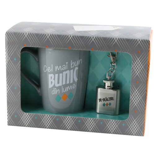 Cana ceramica 370 ml "Cel mai bun Bunic din lume" cu plosca mini hip breloc, in cutie decorativa