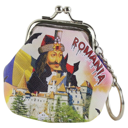 Portmoneu cu breloc "Romania" 8.5x7.5 CM, din piele ecologica, Castelul Bran & Vlad Tepes