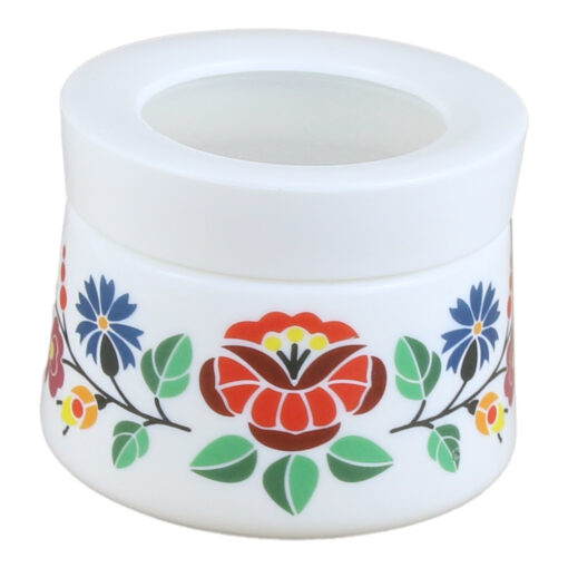 Suport condimente 350 ml, din sticla opal, cu capac din plastic, Motiv floral