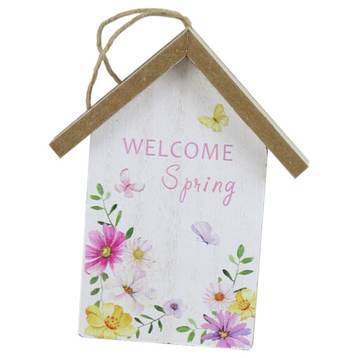 Decoratiune din lemn Casuta "Welcome Spring" 11x14 CM, Flori, cu agatatoare