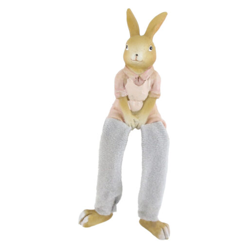 Figurina Iepuras din rasina 15 CM, cu picioare mobile, roz/gri