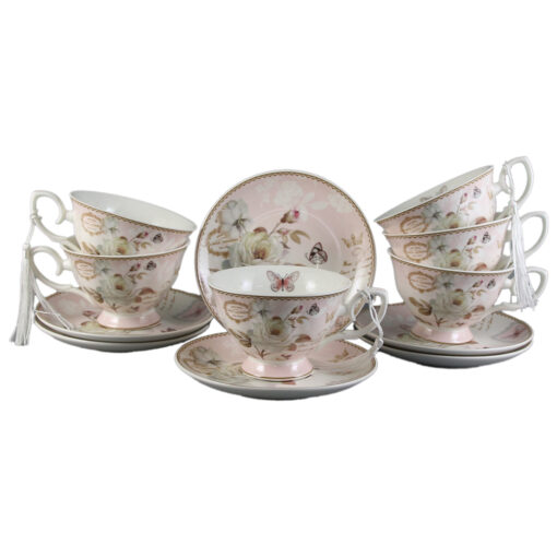 Set 6 cesti din ceramica cu farfurii, 150 ml, in cutie cadou, Flori & Fluturi