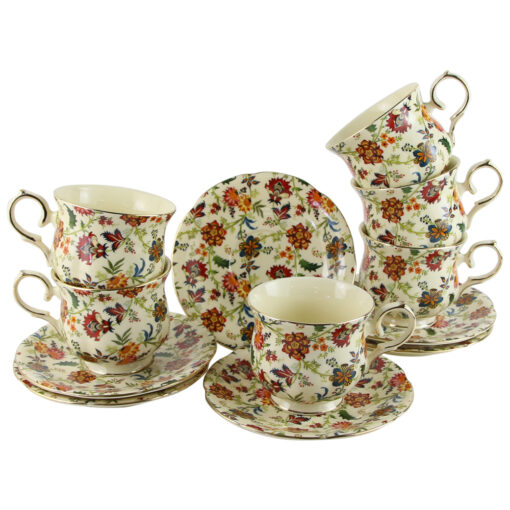 Set 6 cesti cu farfurii din portelan 260 ml "Fantasy", ecru, in cutie decorativa