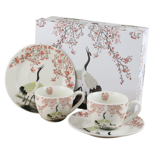 Set 2 cesti espresso cu farfurii din portelan 90 ml "Sakura & Cocori" , in cutie decorativa