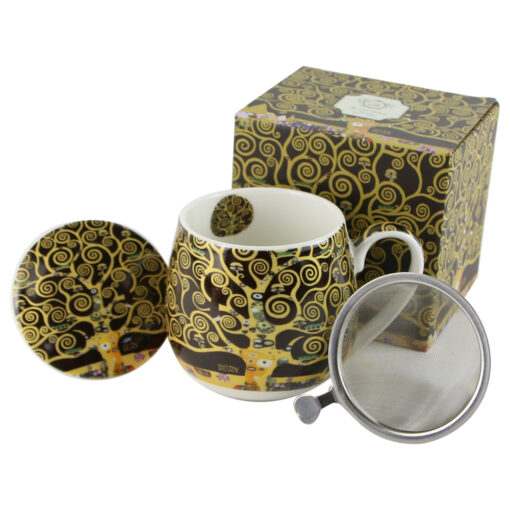 Cana portelan cu infuzor metalic si capac 430 ml, "Tree of Life" de Gustav Klimt, in cutie decorativa