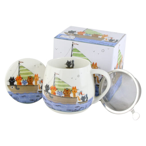 Cana portelan cu infuzor metalic si capac,"Cats World, Cat Crew" , 430 ml, in cutie decorativa, Pisici