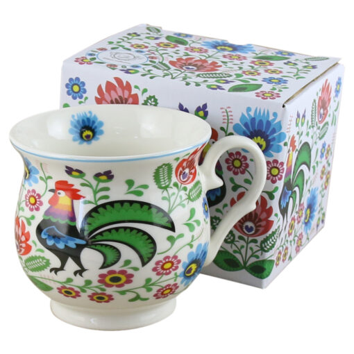Cana portelan retro 470 ml, "Folk Roosters",  in cutie decorativa