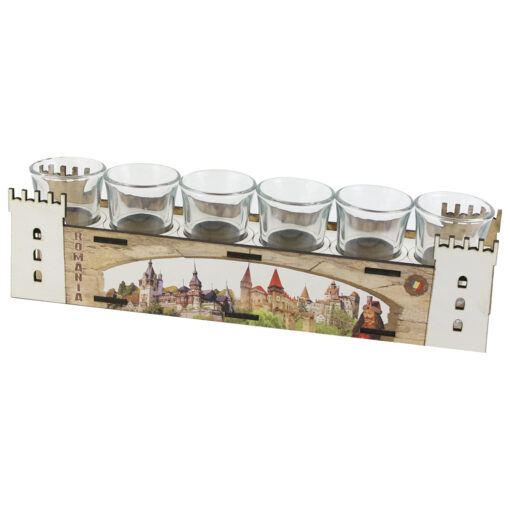 Suport din lemn "Romania" cu sase pahare 28 CM, castele