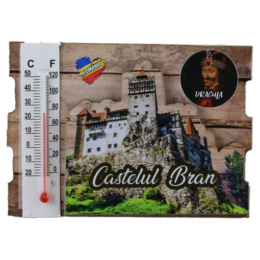 Magnet frigider din lemn "Castelul Bran" 9x6.5 CM, cu termometru