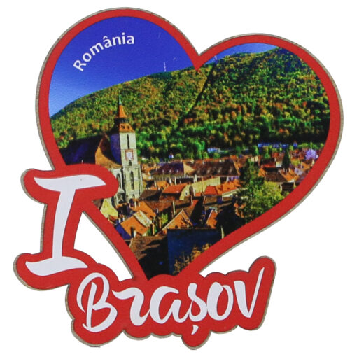 Magnet frigider din lemn "I love Brasov" 8x8 CM, Inima