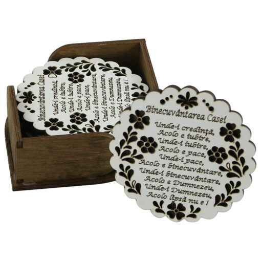 Set 6 suporturi pahare traforaj, 9 CM, cu suport, "Binecuvantarea Casei"