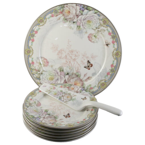 Set de tort 8 piese, Platou cu 6 farfurii si o spatula, cu trandafiri si fluture