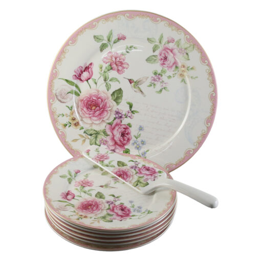 Set de tort 8 piese, Platou cu 6 farfurii si o spatula, cu flori si kolibri