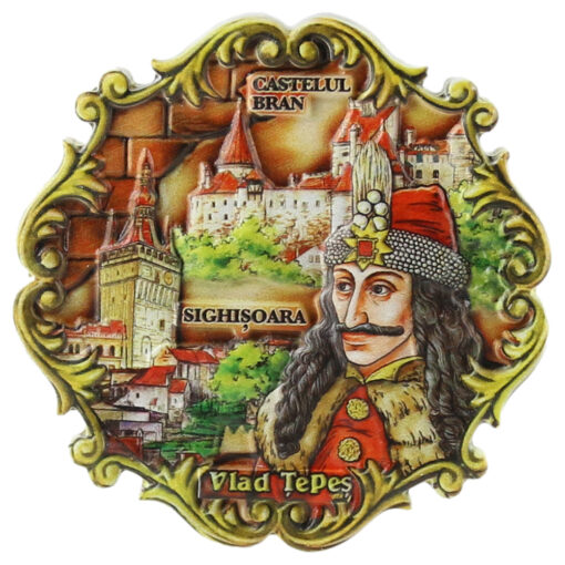 Magnet frigider din rasina "Castelul Bran/Sighisoara" 7x7 CM, Vlad Tepes