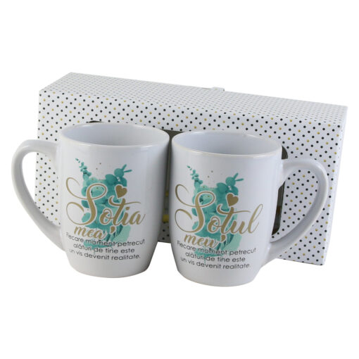 Set 2 cani din ceramica "Sotia mea/Sotul meu" 300 ml, in cutie decorativa