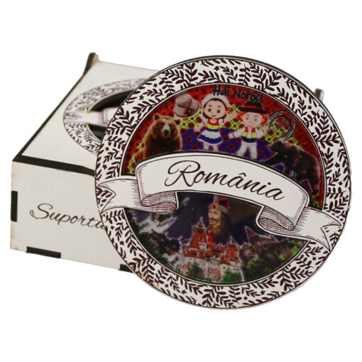 Set 6 suporturi pentru pahare "Romania", din rasina si lemn 9 CM, in cutie
