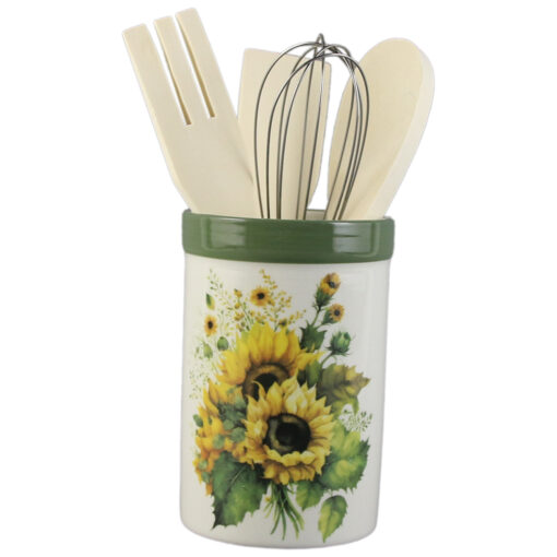 Suport din ceramica cu 4 ustensile bucatarie, 13 CM, Floarea soarelui