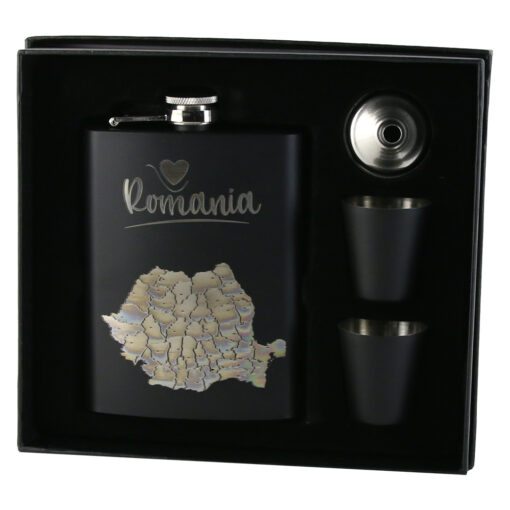 Set cadou "Romania" Plosca cu palnie si 2 pahare, Harta Romaniei