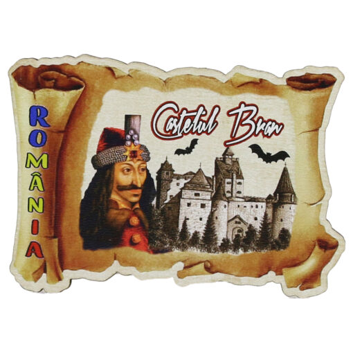 Magnet frigider din lemn, 9x6 CM, Romania, Castelul Bran, pergamen