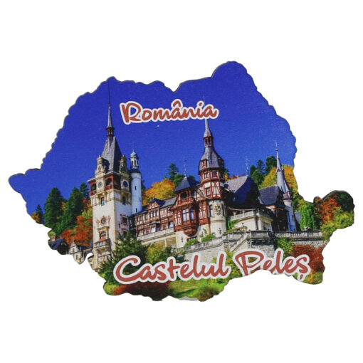 Magnet frigider din lemn, Harta Romaniei, 9x6 CM, Castelul Peles