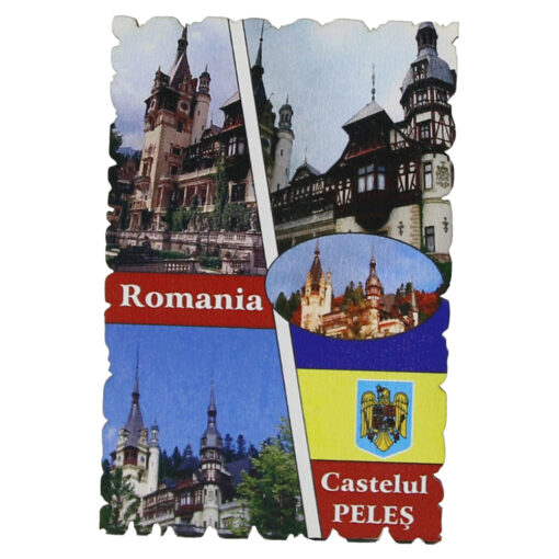 Magnet frigider din lemn, 6x9 CM, Romania, Castelul Peles, colaj
