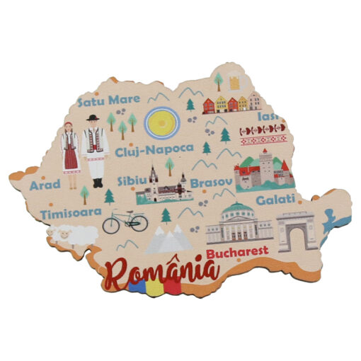 Magnet frigider din lemn "Romania" 9x6 CM, Harta Romaniei, Orase