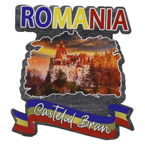 Magnet frigider din lemn "Romania" 7.5x8 CM, Castelul Bran, tricolor