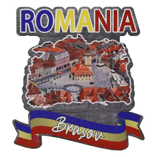 Magnet frigider din lemn "Romania" 7.5x8 CM, Brasov, tricolor