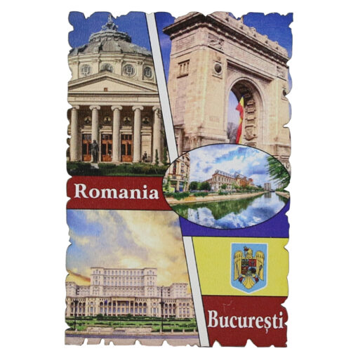 Magnet frigider din lemn "Romania" 6x9 CM, Bucuresti, colaj