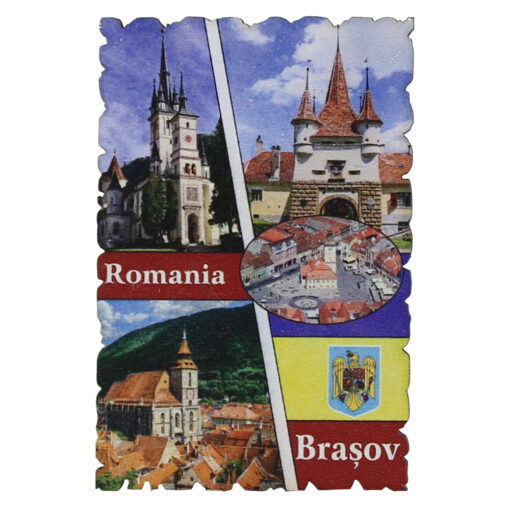 Magnet frigider din lemn "Romania" 6x9 CM, Brasov, colaj
