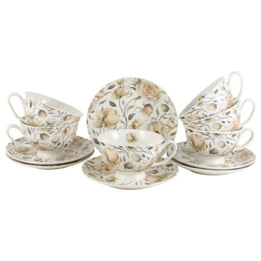 Set 6 cesti cu farfurii "English Roses White", 250 ml, in cutie decorativa
