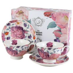 Set 2 cesti cu farfurii, din portelan "Spring Roses White", 250 ml, in cutie decorativa