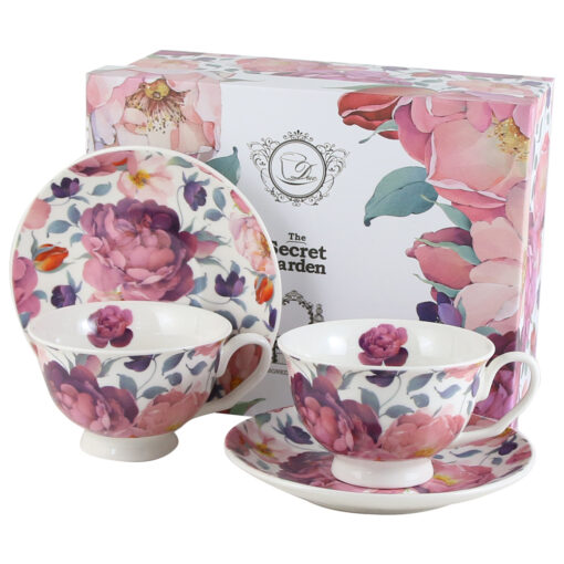 Set 2 cesti cu farfurii, din portelan "Spring Roses White", 250 ml, in cutie decorativa