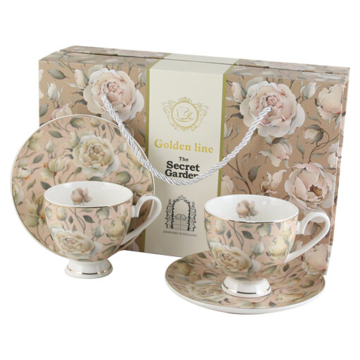 Set 2 cesti cu farfurii "English Roses Cream", 220 ml, in cutie decorativa