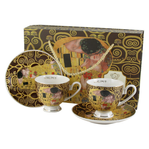 Set 2 cesti cu farfurii "The Kiss" de Gustav Klimt, 220 ml,  in cutie decorativa
