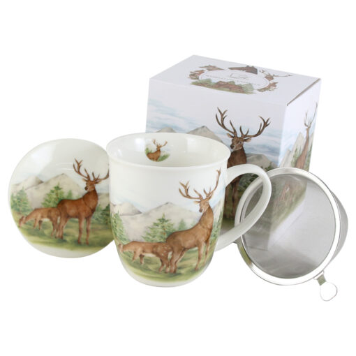 Cana portelan cu infuzor metalic si capac, "Deer", 400 ml, in cutie decorativa