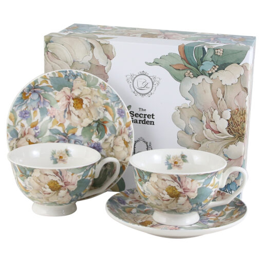Set 2 cesti cu farfurii, din portelan "Peony White", 250 ml, in cutie decorativa