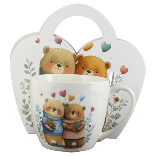 Cana portelan "Bears 2" 460 ml, in ambalaj decorativ, cu buchet de flori