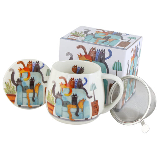 Cana portelan cu infuzor metalic si capac, "The chair", 430 ml, in cutie decorativa, Pisici