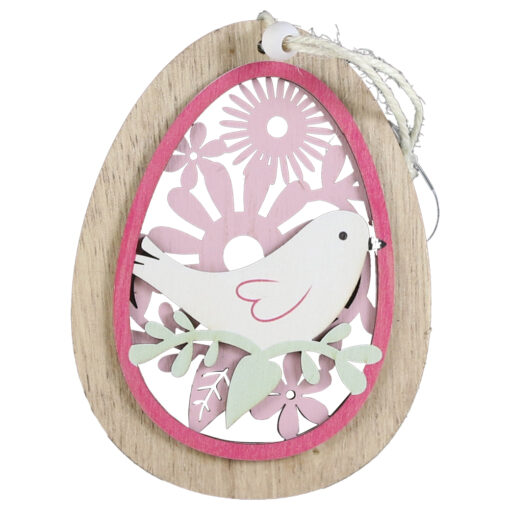 Decoratiune din lemn Ou cu pasare 9.5x12 CM, roz/natur