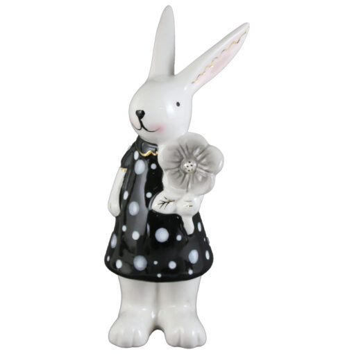 Figurina Iepuras cu floare, din ceramica 7x20 CM, negru/alb