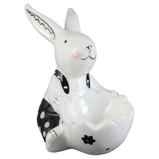Figurina Iepuras cu suport ou, din ceramica 10x8 CM, negru/alb
