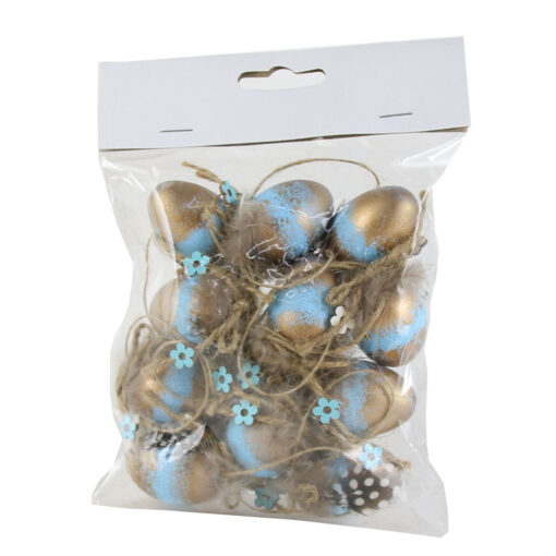 Set 12 oua din plastic 4 CM, cu floare, albastru/auriu