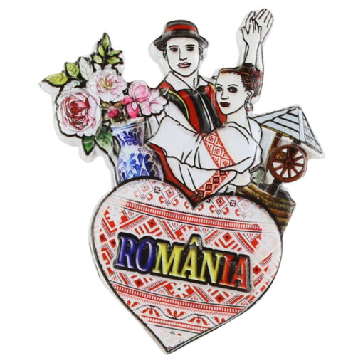 Magnet de frigider din rasina 7x8 CM, Romania, Cuplu in port traditional