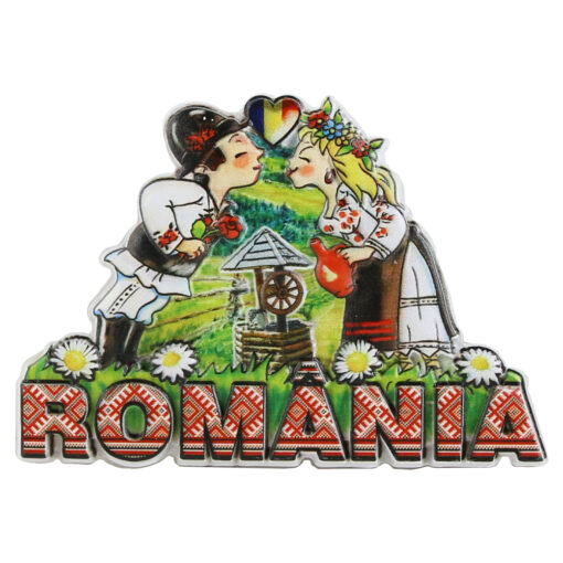 Magnet de frigider din rasina 9x6 CM, Romania, Cuplu in port traditional